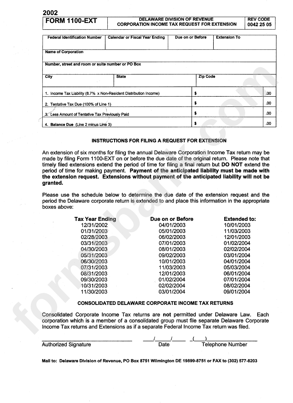 Form 1100-Ext - Corporation Income Tax Request For Extension - 2002