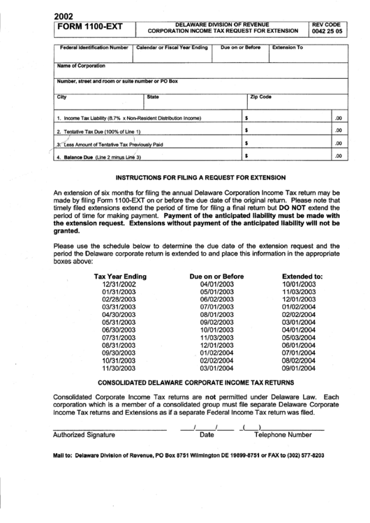Form 1100-Ext - Corporation Income Tax Request For Extension - 2002 Printable pdf