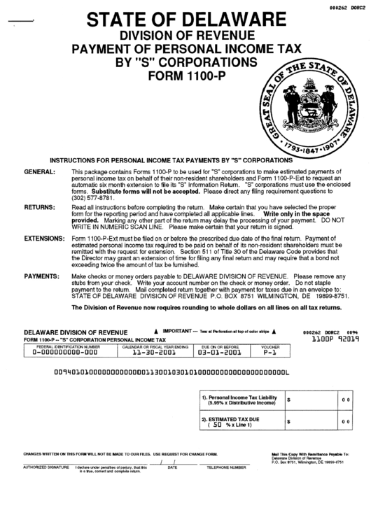 Form 1100-P - S Corporation Personal Income Tax Printable pdf