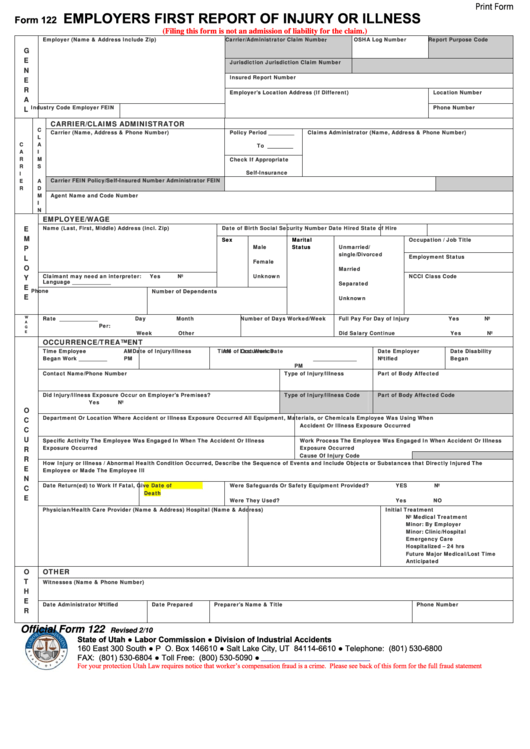 Fillable Form 122 - Employers First Report Of Injury Or Illness - 2010 Printable pdf