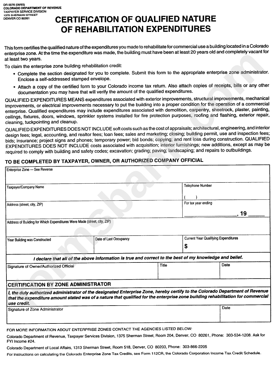 Form Dr 0076 - Certification Of Qualified Nature Of Rehabilitation Expenditures - Colorado Department Of Revenue