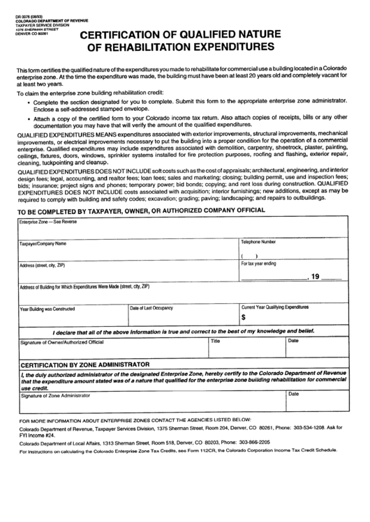 Fillable Form Dr 0076 - Certification Of Qualified Nature Of Rehabilitation Expenditures - Colorado Department Of Revenue Printable pdf