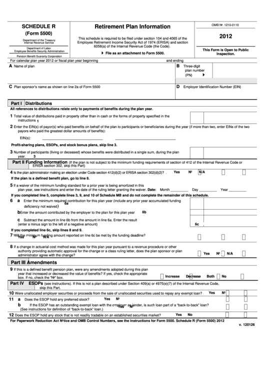 Schedule R (Form 5500) - Retirement Plan Information - 2012 Printable pdf