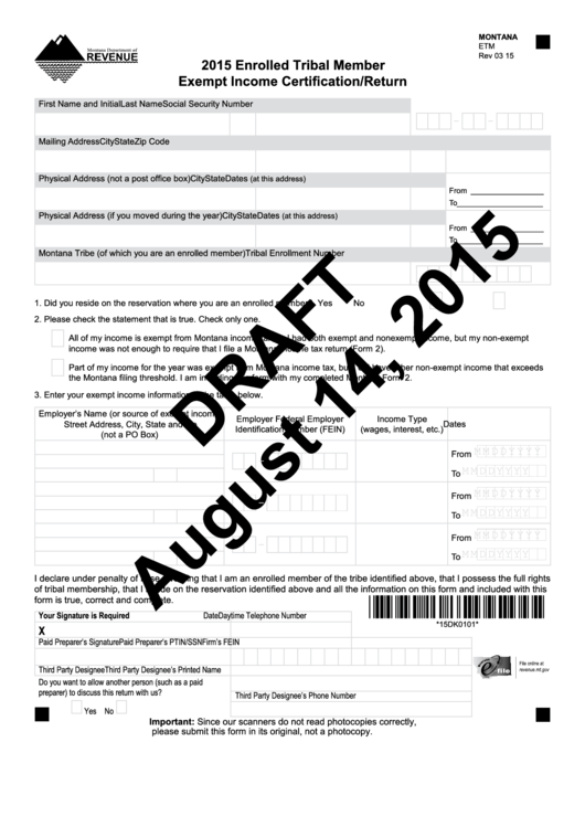 Montana Form Etm Draft - Enrolled Tribal Member Exempt Income Certification/return - 2015 Printable pdf