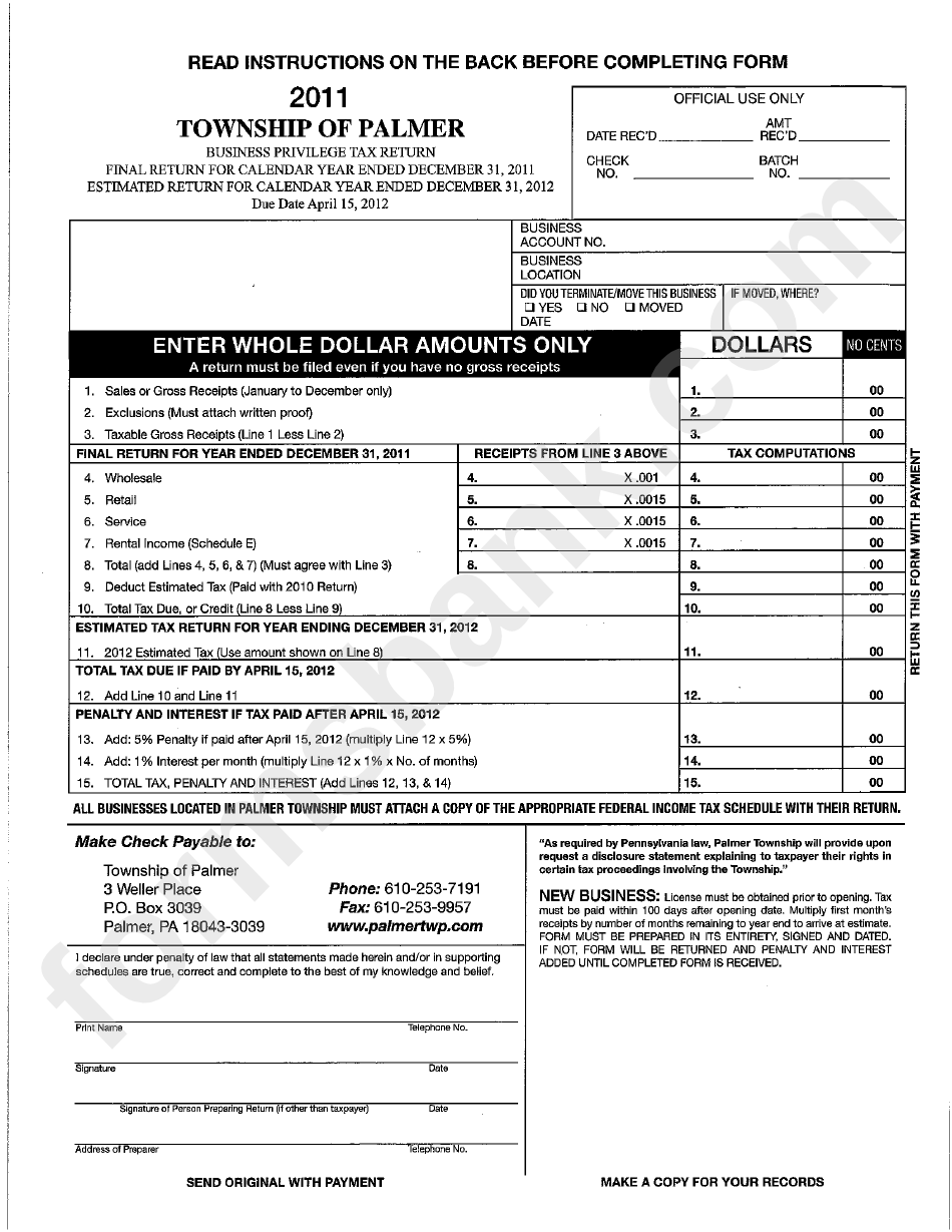 Business Privilege Tax Return 2011 Township Of Palmer printable pdf download