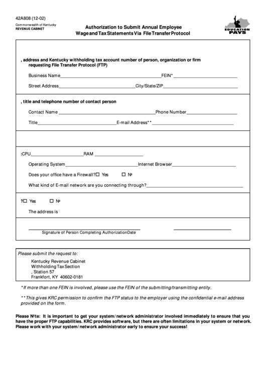 Form 42a808 - Authorization To Submit Annual Employee Wage And Tax Statements Via File Transfer Protocol Printable pdf