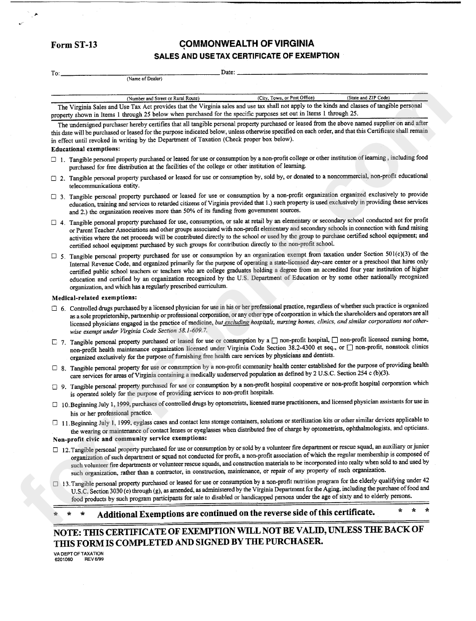 Form St-13 - Sales And Use Tax Certificate Of Exemption
