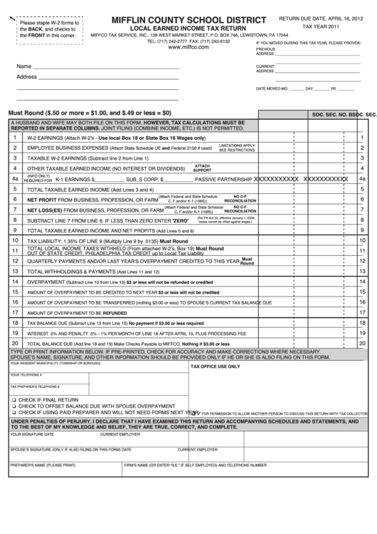 Local Earned Income Tax Return - Mifflin County School District - 2011 Printable pdf