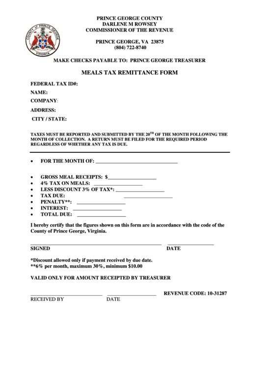 Fillable Meals Tax Remittance Form - Prince George County Commissioner Of The Revenue Printable pdf