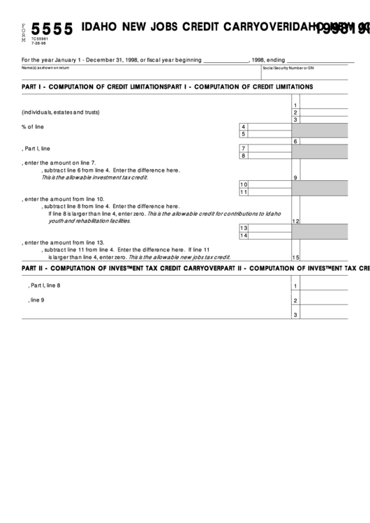Fillable Form 55 - Idaho New Jobs Credit Carryover - 1998 Printable pdf