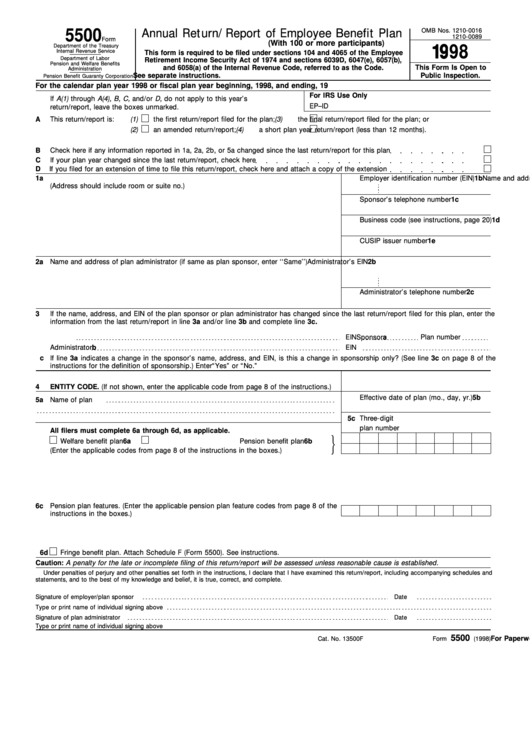 Fillable Form 5500 - Annual Return/report Of Employee Benefit Plan - 1998 Printable pdf