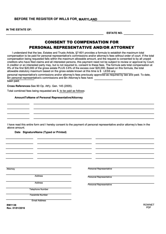 Fillable Form Rw1138 - Consent To Compensation For Personal Representative And/or Attorney - Maryland Printable pdf