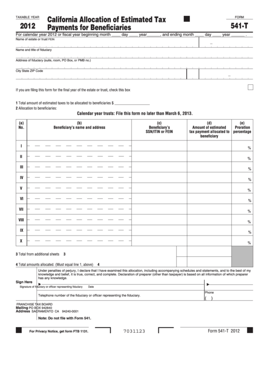 Form 541-T - California Allocation Of Estimated Tax Payments For Beneficiaries - 2012 Printable pdf