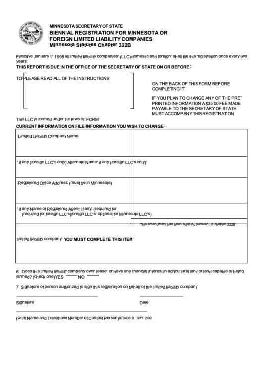 Biennial Registration For Minnesota Or Foreign Limited Liability Companies - Minnesota Secretary Of State Printable pdf