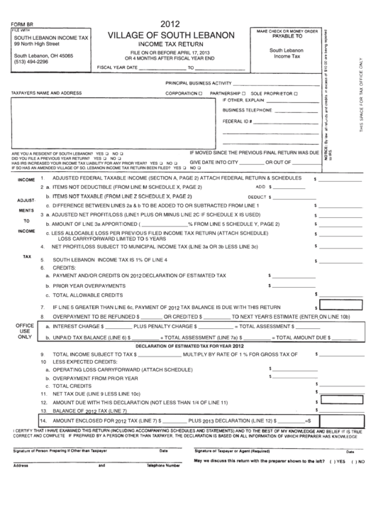 Form Br Tax Return Village Of South Lebanon 2012 printable