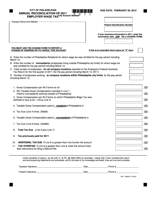 Annual Reconciliation Employer Wage Tax Form - City Of Philadelphia - 2011 Printable pdf