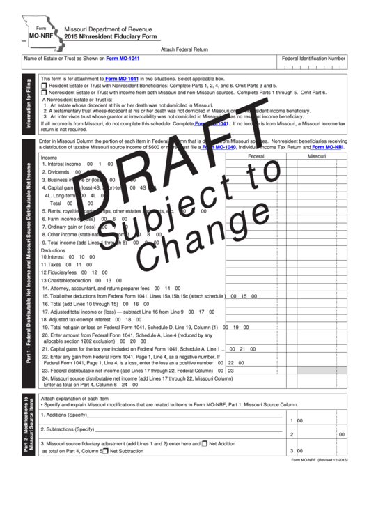 Form Mo-Nrf Draft - Nonresident Fiduciary Form - 2015 Printable pdf