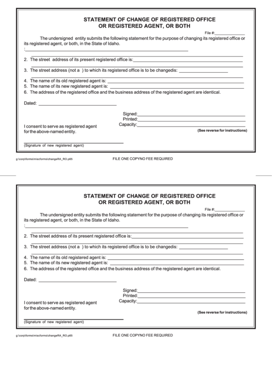 Statement Of Change Of Registered Office Or Registered Agent, Or Both - Idaho Secretary Of State Printable pdf