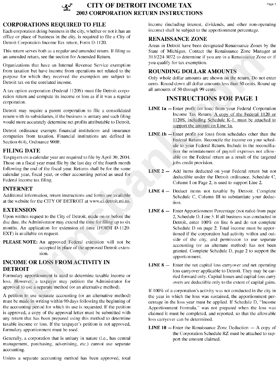 City Of Detroit Income Tax 2003 Corporation Return Instructions