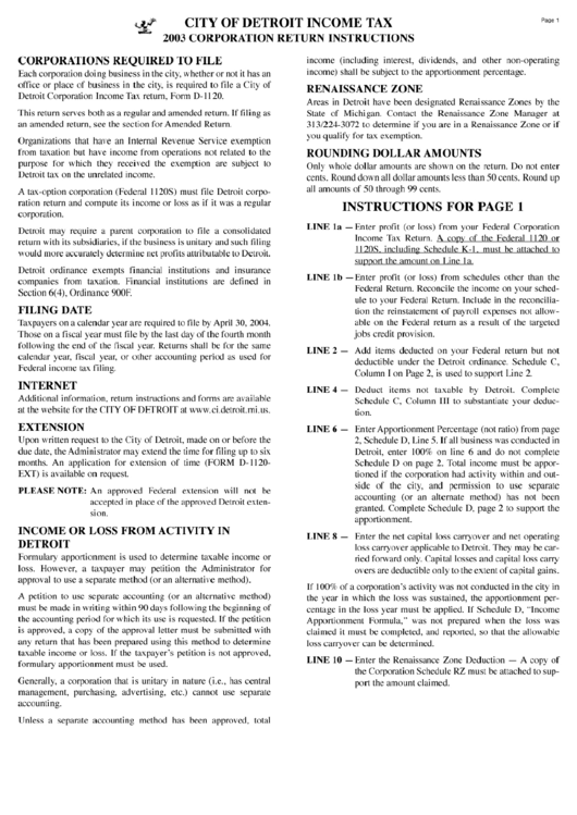 City Of Detroit Income Tax 2003 Corporation Return Instructions Printable pdf