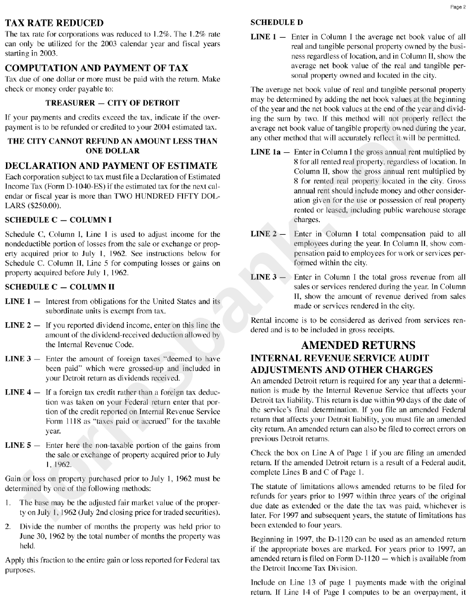 City Of Detroit Income Tax 2003 Corporation Return Instructions