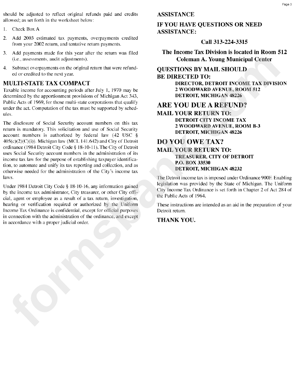 City Of Detroit Income Tax 2003 Corporation Return Instructions