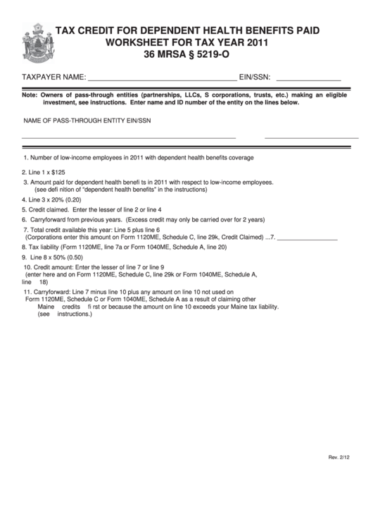 Tax Credit For Dependent Health Benefits Paid Worksheet For Tax Year 2011 Printable pdf