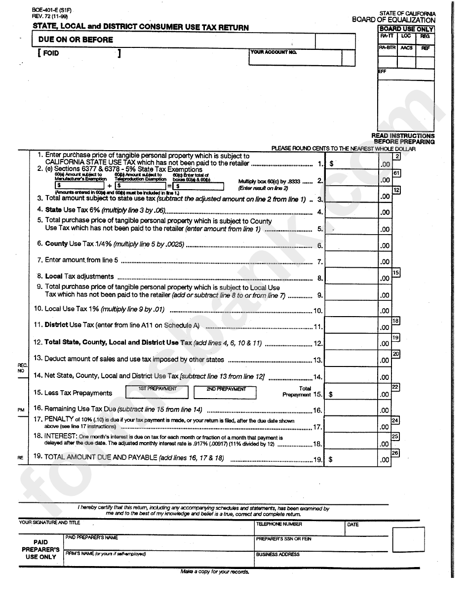 Form Boe-401-E - State, Local And District Consumer Use Tax Return - California Board Of Equalization