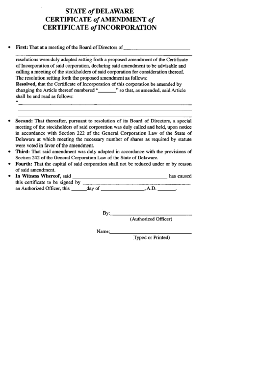 Certificate Of Amendment Of Certificate Of Incorporation - State Of Delaware Printable pdf