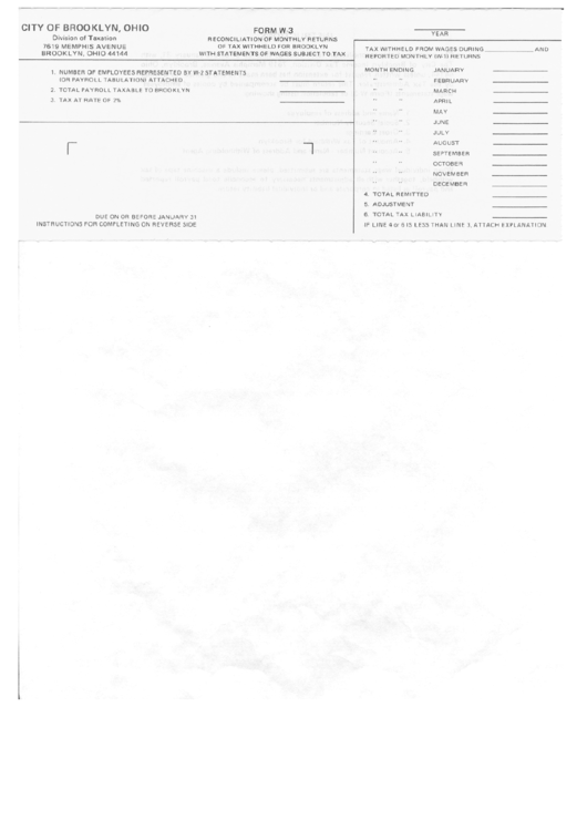 Form W-3 - Reconciliation Of Monthly Returns Of Tax Withheld With Statements Of Wages Subject To Tax - City Of Brooklyn Printable pdf
