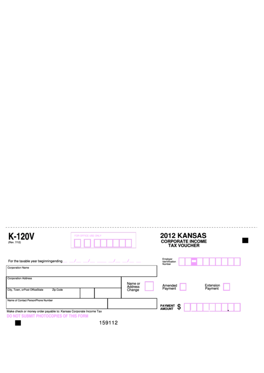 Form K-120v - Kansas Corporate Income Tax Voucher - 2012 Printable pdf