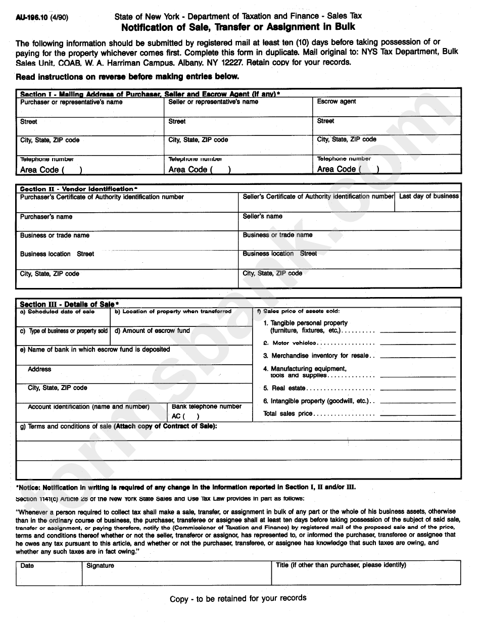 Form Au-196.10 - Notification Of Sale, Transfer Or Assignment In Bulk - New York Department Of Taxation