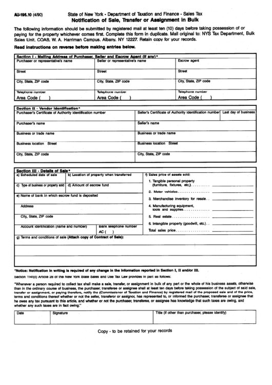 Form Au-196.10 - Notification Of Sale, Transfer Or Assignment In Bulk - New York Department Of Taxation Printable pdf