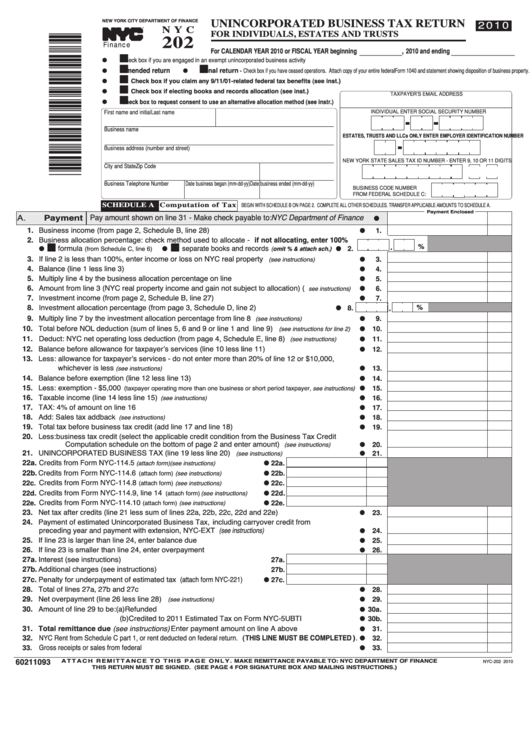 Fillable Form Nyc-202 - Unincorporated Business Tax Return For Individuals, Estates And Trusts - 2010 Printable pdf