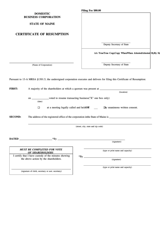 Form Mbca-14a - Certificate Of Resumption - Maine Secretary Of State Printable pdf