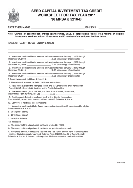 Seed Capital Investment Tax Credit Worksheet For Tax Year 2011 Printable pdf
