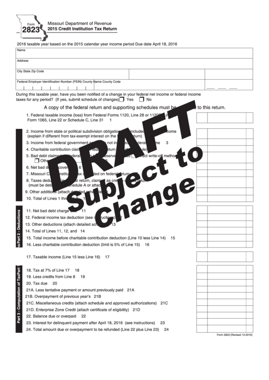 Form 2823 Draft - 2015 Credit Institution Tax Return - Missouri Department Of Revenue Printable pdf