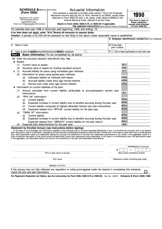 Fillable Schedule B (Form 5500) - Actuarial Information - 1998 Printable pdf