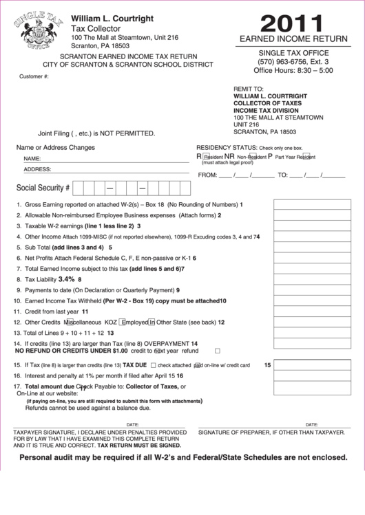 Scranton Earned Income Tax Return Form - Income Tax Division - 2011 Printable pdf