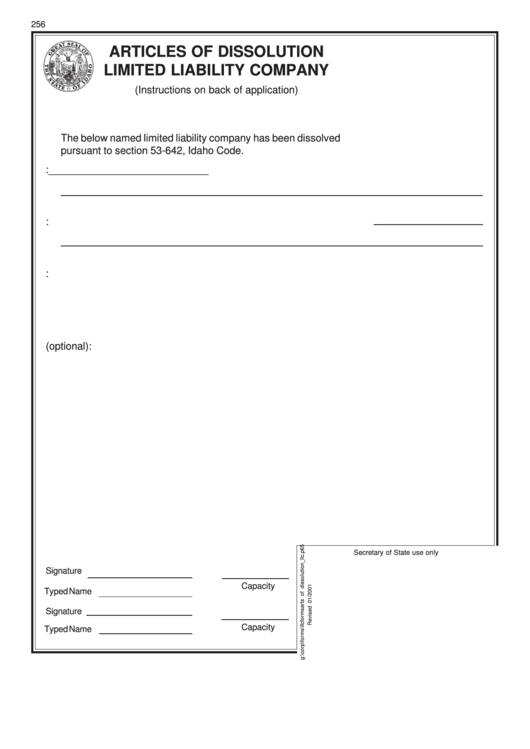 Articles Of Dissolution Limited Liability Company Form - Idaho Secretary Of State Printable pdf