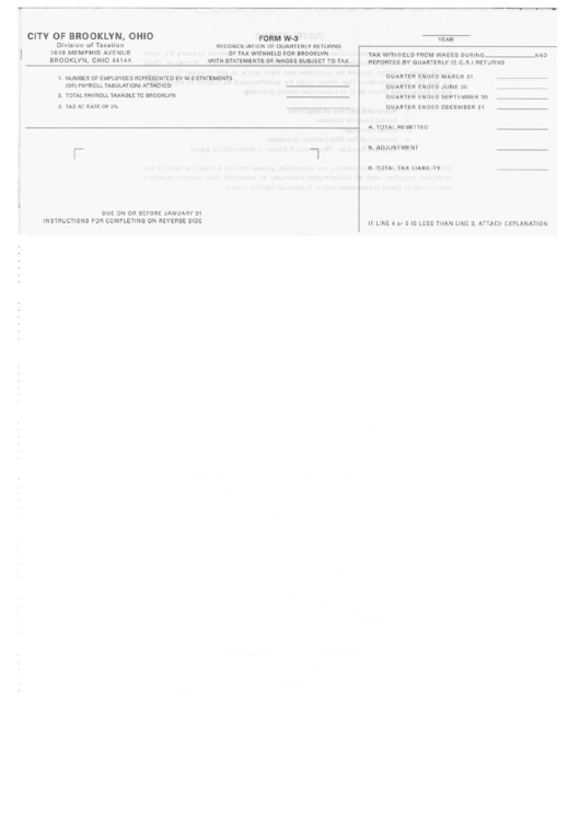 Form W-3 - Reconciliation Of Quarterly Returns Of Tax Withheld With Statements Of Wages Subject To Tax - City Of Brooklyn Printable pdf