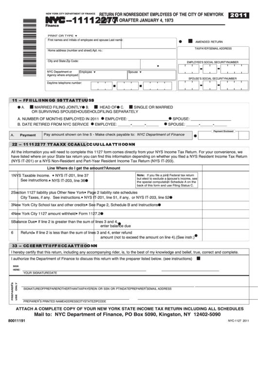 Fillable Form Nyc-1127 - Return For Nonresident Employees Of The City Of New York Hired On Or After January 4, 1973 - 2011 Printable pdf
