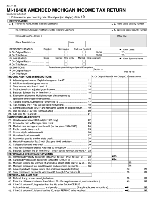 Form Mi-1040x - Amended Michigan Income Tax Return Printable pdf