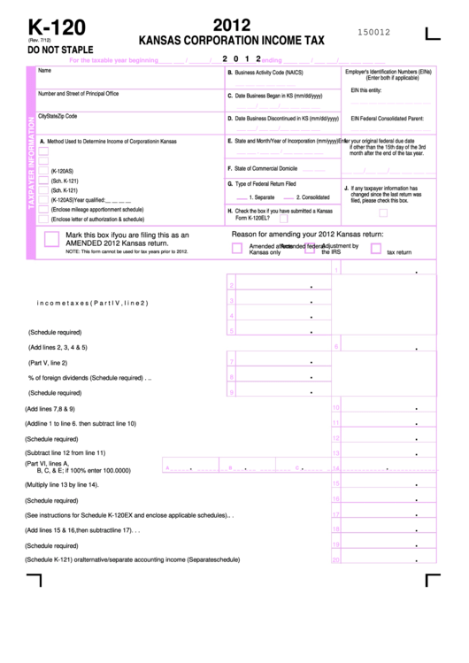 Form K-120 - Kansas Corporation Income Tax - 2012 Printable pdf