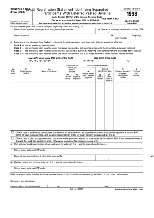 Fillable Schedule Ssa (Form 5500) - Annual Registration Statement Identifying Separated Participants With Deferred Vested Benefits - 1998 Printable pdf