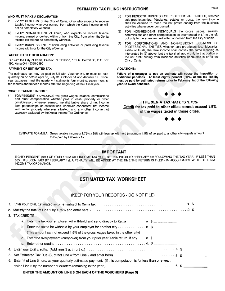 Estimated Tax Worksheet City Of Xenia printable pdf download