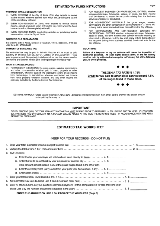 Estimated Tax Worksheet - City Of Xenia Printable pdf
