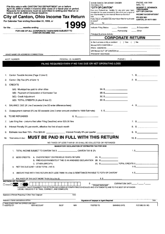 Ohio Income Tax Return - City Of Canton, 1999 Printable pdf