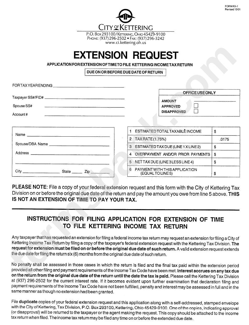 Form Kx-1 - Application For Extension Of Time To File Kettering Income Tax Return