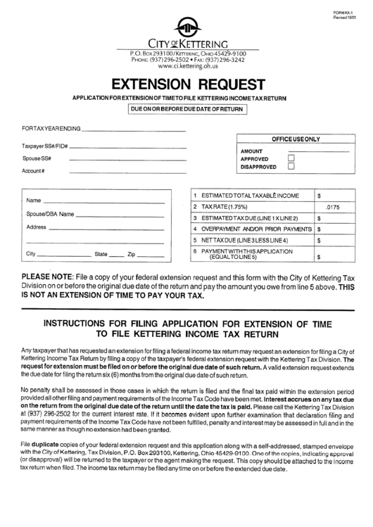 Form Kx-1 - Application For Extension Of Time To File Kettering Income Tax Return Printable pdf